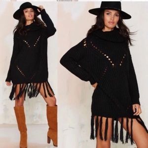 Cozy lovely knit warm sweater dress or sweater with fringe